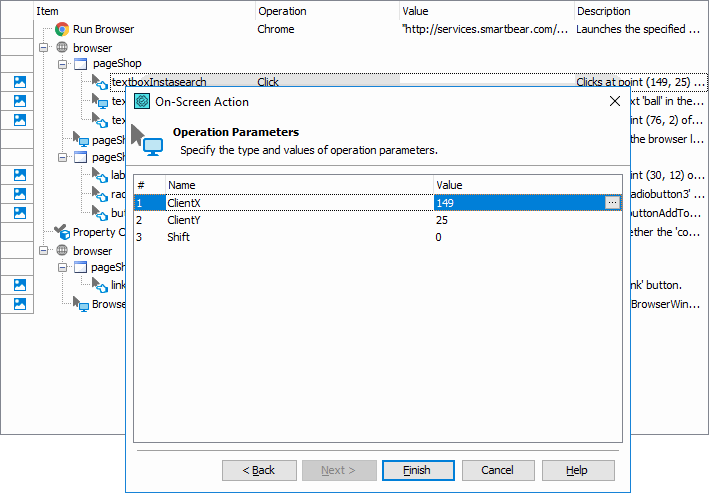 Getting Started with TestComplete (Web): The Operation Parameters dialog