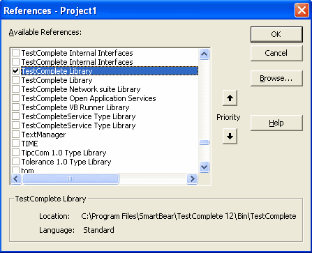 Visual Basic 6 References: Selecting the TestComplete Library reference