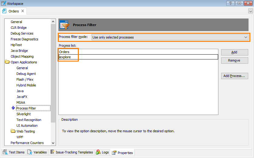 Enhancing TestComplete performance: Configuring process filter