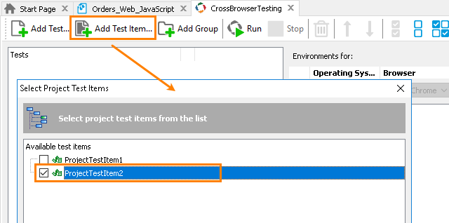 Integration with CrossBrowserTesting.com: Assigning test items to the environment list