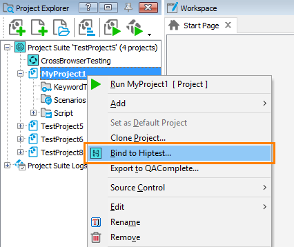 Bind to HipTest item in the context menu