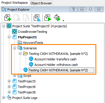 Imported HipTest scenarios in the Project Explorer