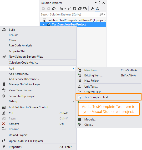 TestComplete integration with Visual Studio: Add TestComplete Test item to Visual Studio test project