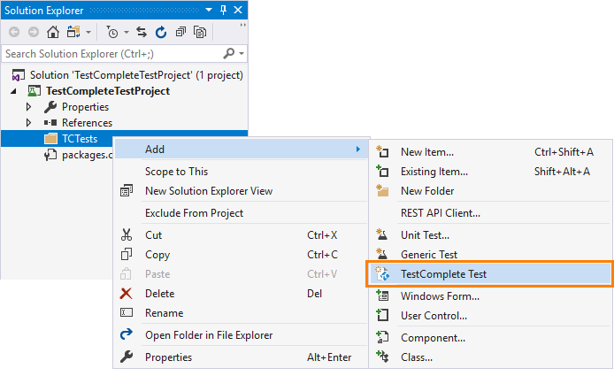 TestComplete integration with Visual Studio: Adding TestComplete Test item to the Visual Studio test project