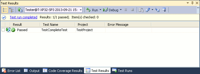 TestComplete integration with Visual Studio: TestComplete Test item results in the Test Results panel