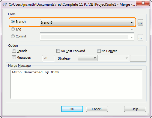 Merging branches via built-in Branches dialog