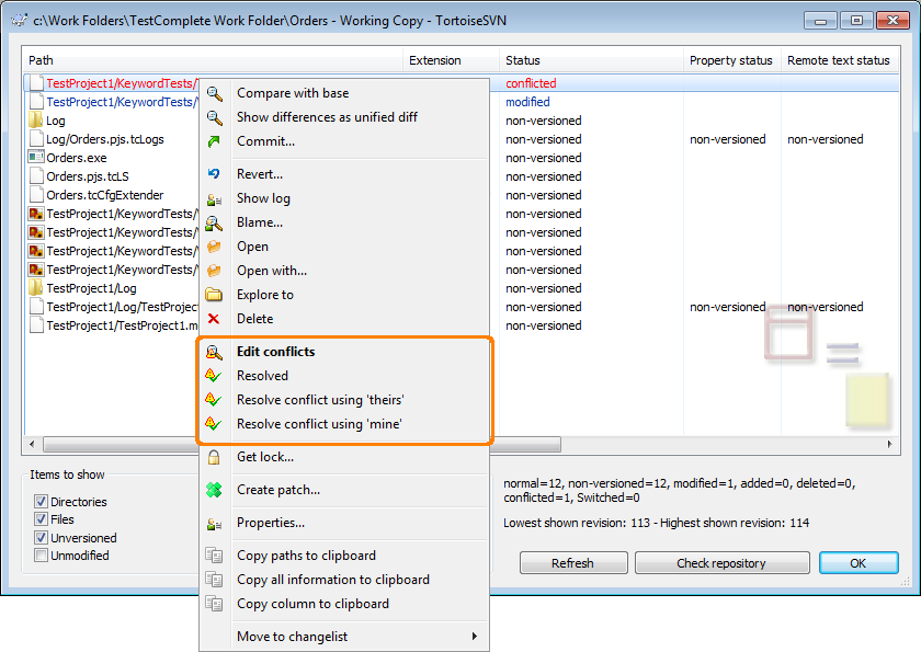 Resolving Conflicts via TortoiseSVN Check for Modofications Dialog