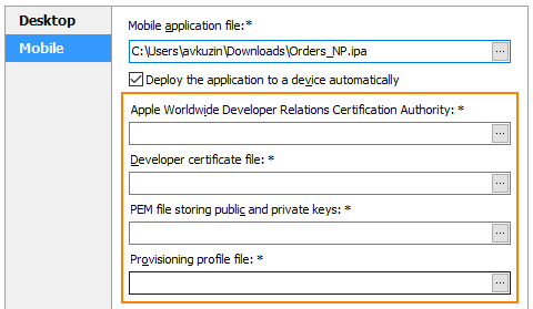 Certificate file settings for iOS applications