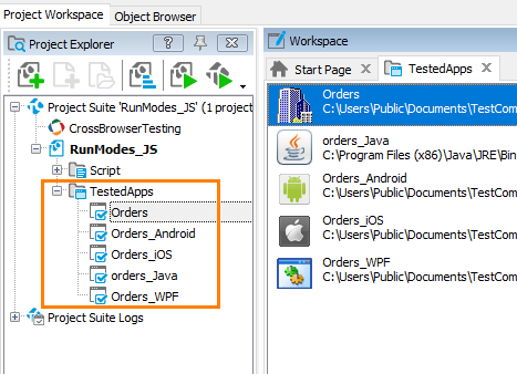 List of tested applications in the Project Explorer