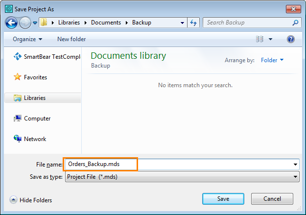 Creating a backup copy of a TestComplete project: Specifying the project's name and location