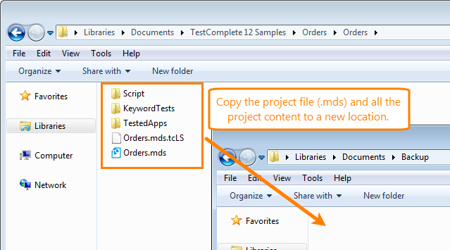 Creating a backup copy of a TestComplete project with Windows Explorer