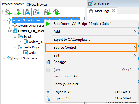 Automated testing with TestComplete: The Source Control menu command