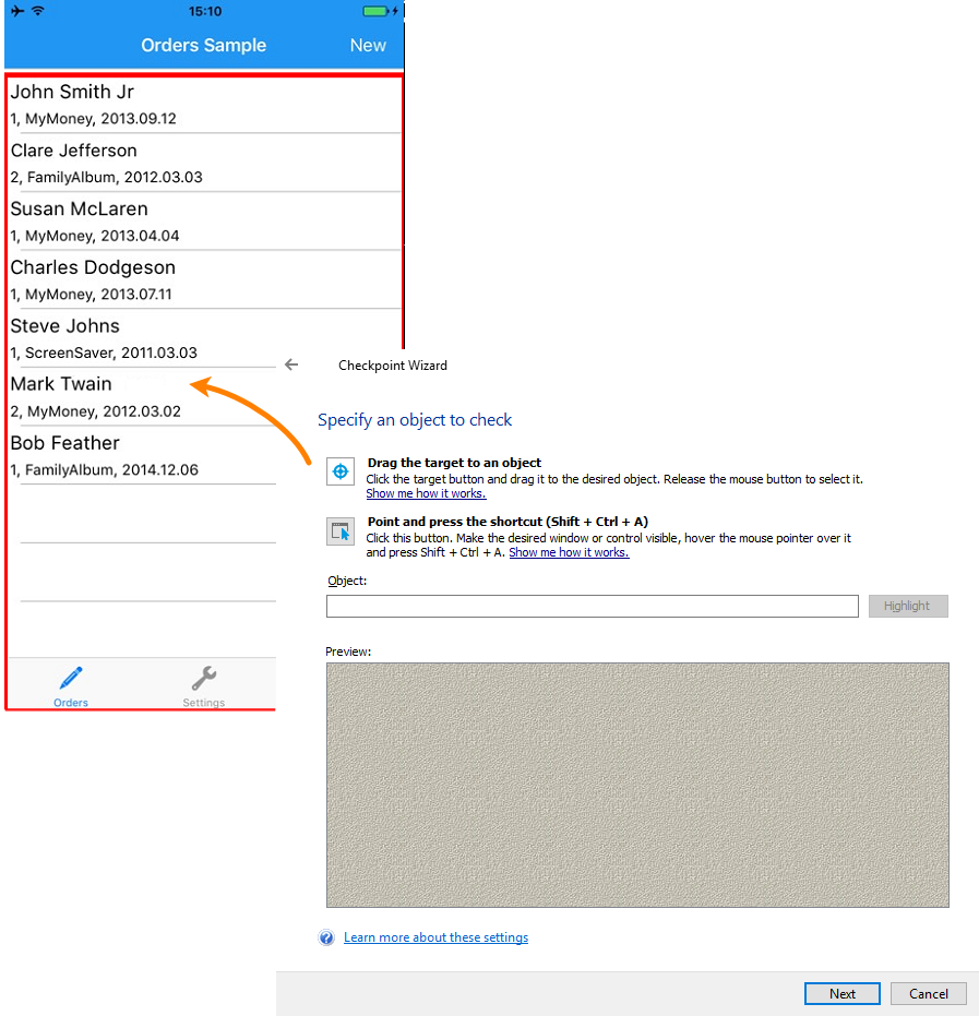 Testing Xamarin.Forms applications tutorial: Select the Orders list to check