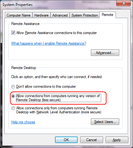 Remote desktop settings for Windows 7