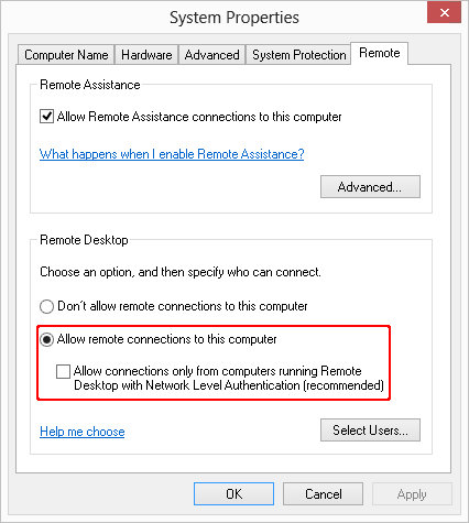 Remote desktop settings for Windows 8 and Windows 10