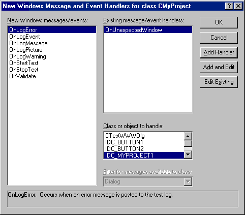 New Windows Message and Event Handlers Dialog