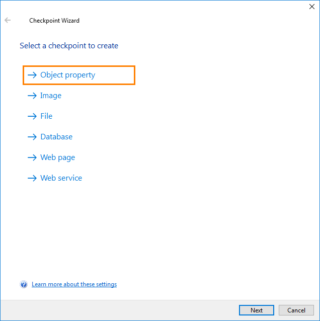 OCR Checkpoint: Selecting the checkpoint type