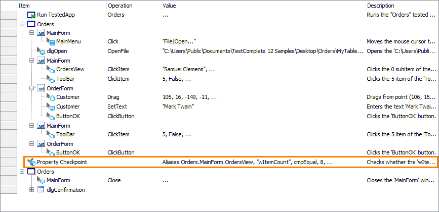 Property checkpoint in a keyword test