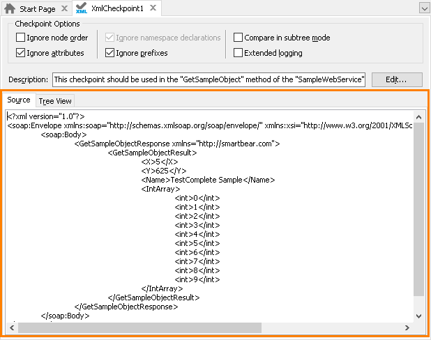 Source page of the XLCheckpoint Element editor