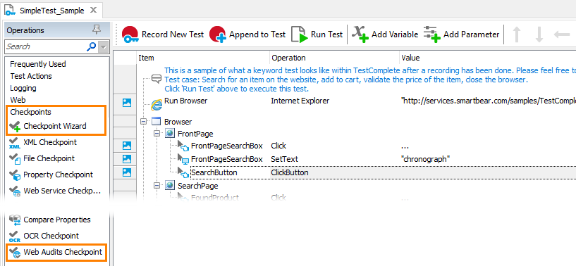 Web Audits Checkpoint: Adding Web Audits checkpoints to keyword tests