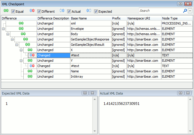 Web service checkpoint results in the XML Checkpoint Results panel