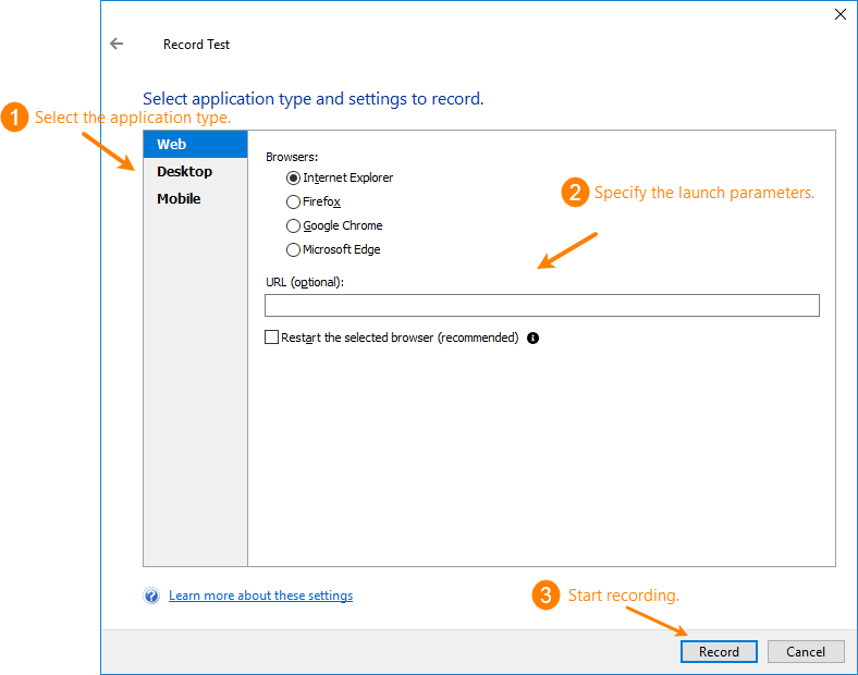 The second page of the Record Test wizard The second page of the Record Test wizard