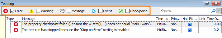 Error messages in the test log