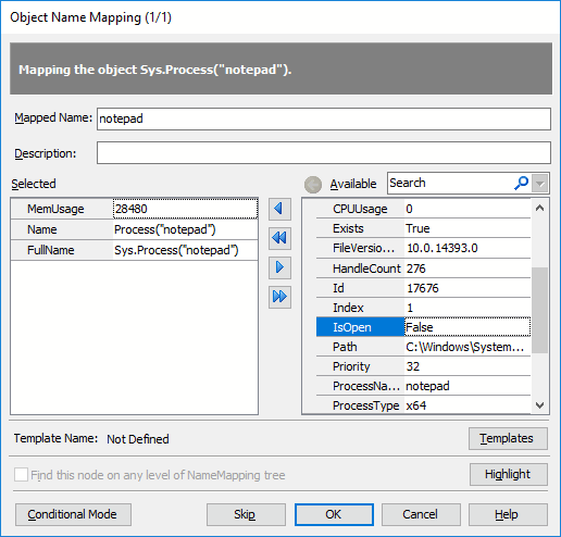 Object Name Mapping dialog - Basic mode