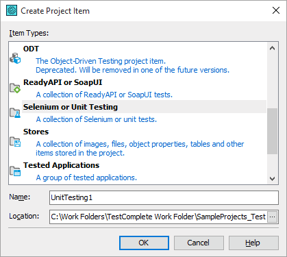 The Create Project Items dialog