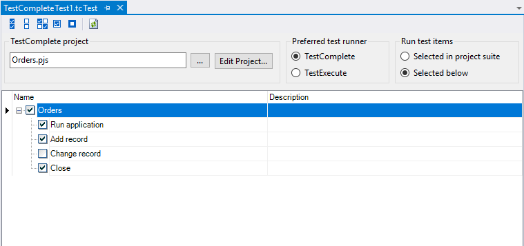 TestComplete integration with Visual Studio: Configuring TestComplete Test item to run TestComplete tests