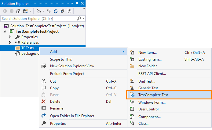 TestComplete integration with Visual Studio: Adding TestComplete Test item to the Visual Studio test project