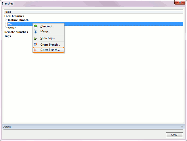 Deleting branch via built-in Branches dialog