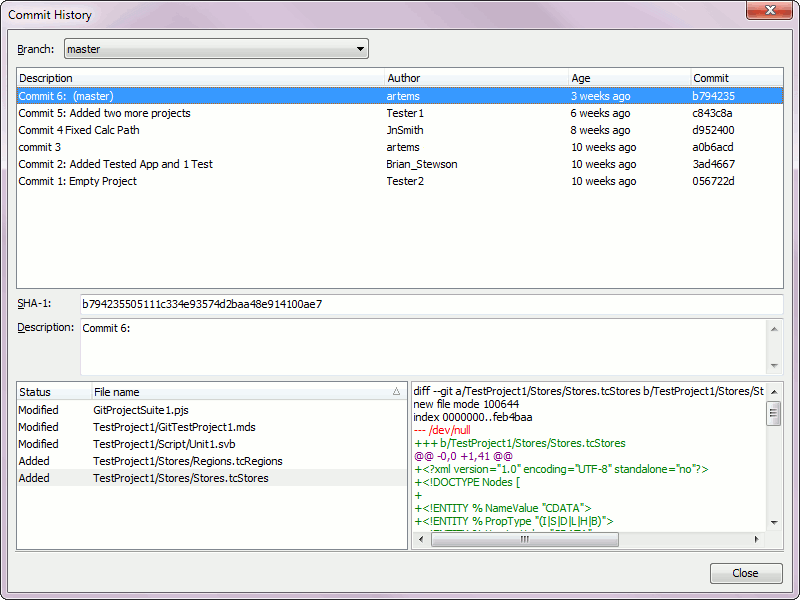 The built-in Commit History dialog of TestComplete