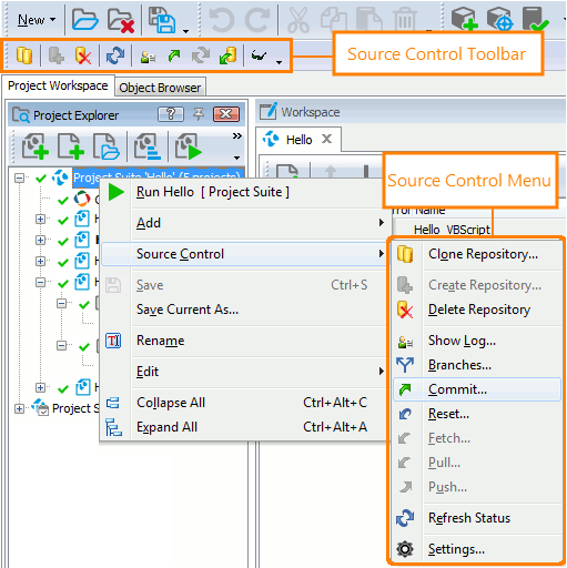 Source Control menu and Source Control toolbar with Git integration enabled.