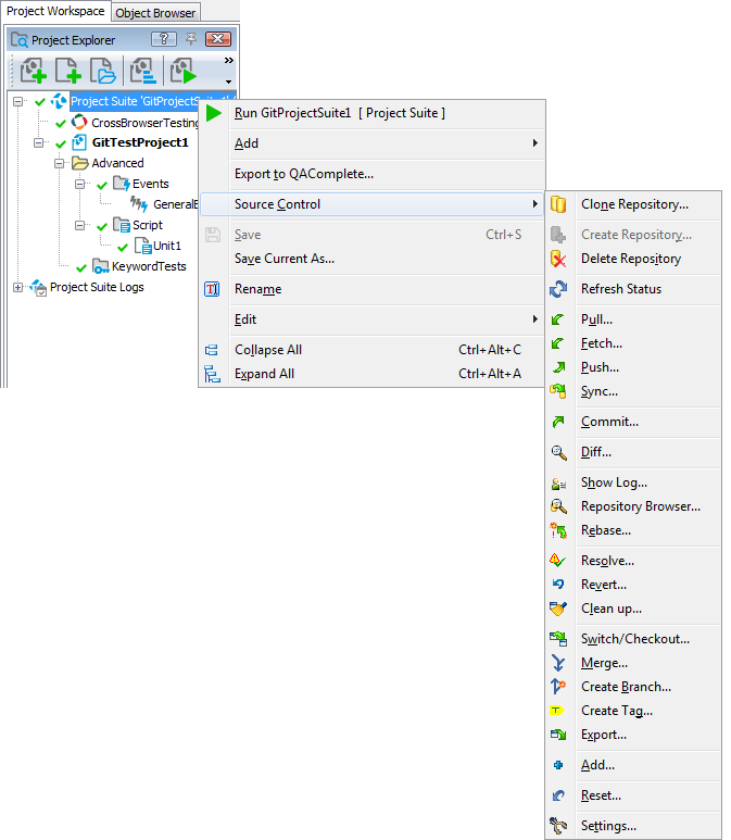 Items of the Source Control menu with TortoiseGit integration enabled.