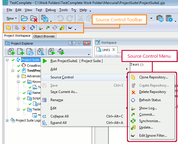 Source Control menu and Source Control toolbar with Mercurial integration enabled.