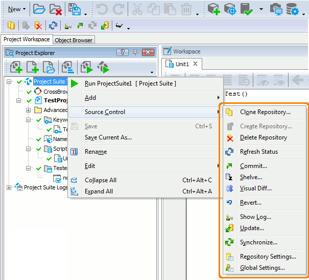 Items of the Source Control menu with TortoiseHg integration enabled.