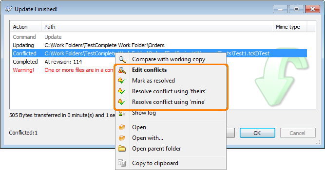 Resolving Conflicts via TortoiseSVN Update Dialog