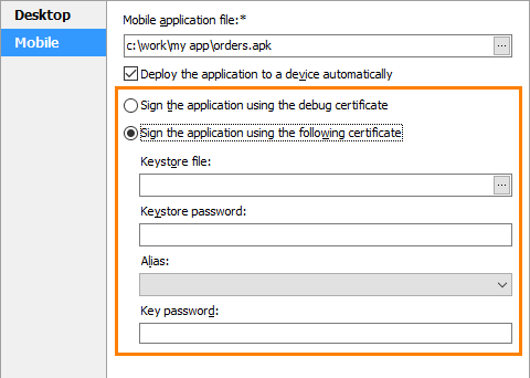 Android application certificate settings