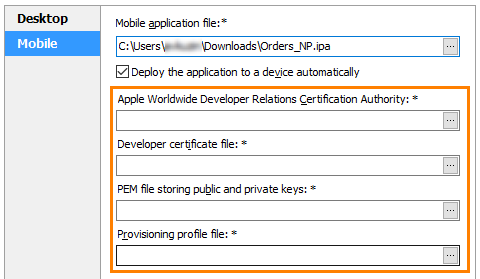 Certificate file settings for iOS applications