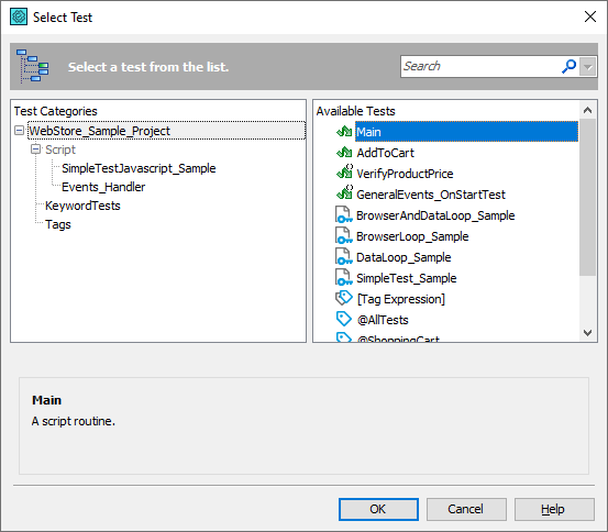 Select Test dialog called from the Test Item page of the project