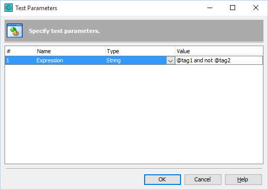 Test Parameters dialog for BDD tests run by tag expression Test Parameters dialog for BDD tests run by tag expression