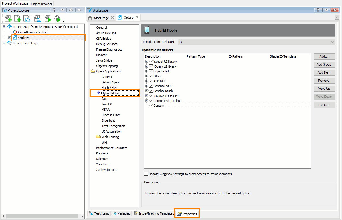 TestComplete Project Properties - Hybrid Mobile TestComplete Project Properties - Hybrid Mobile