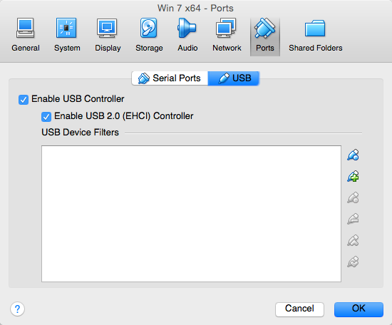 USB settings of the virtual computer