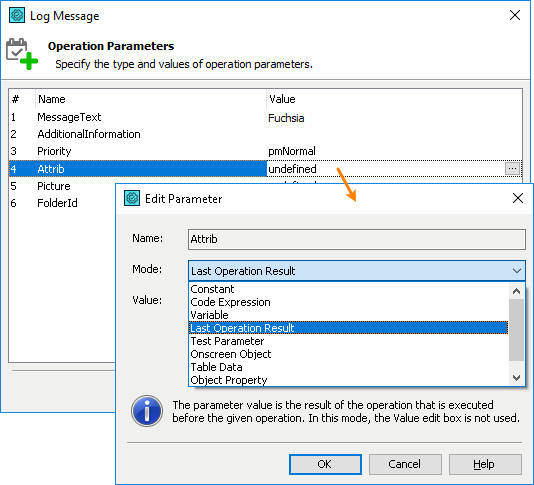 Log Message operation parameters