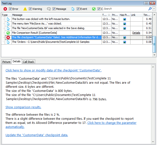 Details panel containing the file checkpoint verification results