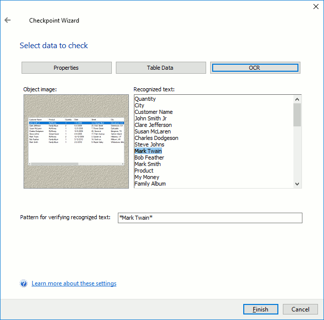 OCR Checkpoints: The Select Data to Check page of the OCR Checkpoint wizard