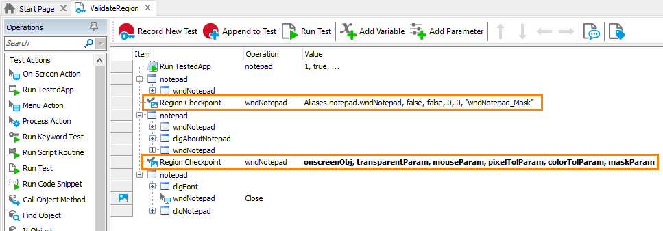 Parameterized Region Checkpoint operation