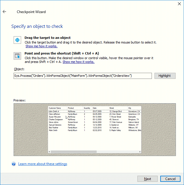 Table Checkpoints: Selecting table object