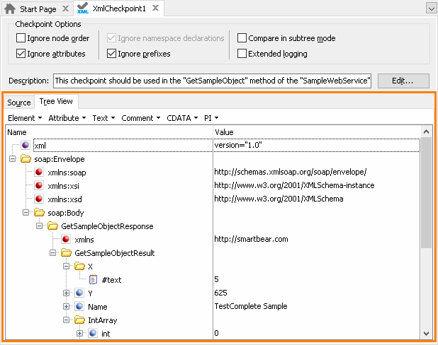 Tree View page of the XMLCheckpoint Element editor